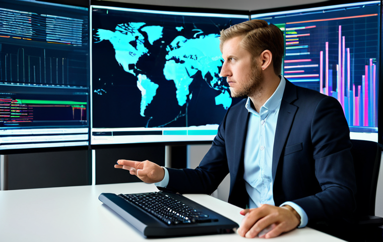 A professional data analyst, fully clothed in a modest business suit, is seated at a large, modern workstation. The workstation features multiple holographic screens displaying complex public data visualizations, charts, and maps, representing the vastness of public information. The background is a clean, contemporary office or data hub environment with soft, ambient lighting. The analyst has a focused, thoughtful expression, gesturing towards a data point on a screen, embodying the process of discovering insights from public data. The overall scene emphasizes clarity and sophisticated data interaction. safe for work, appropriate content, fully clothed, professional, perfect anatomy, correct proportions, natural pose, well-formed hands, proper finger count, natural body proportions, high-quality detailed digital art, realistic rendering, professional photography.
